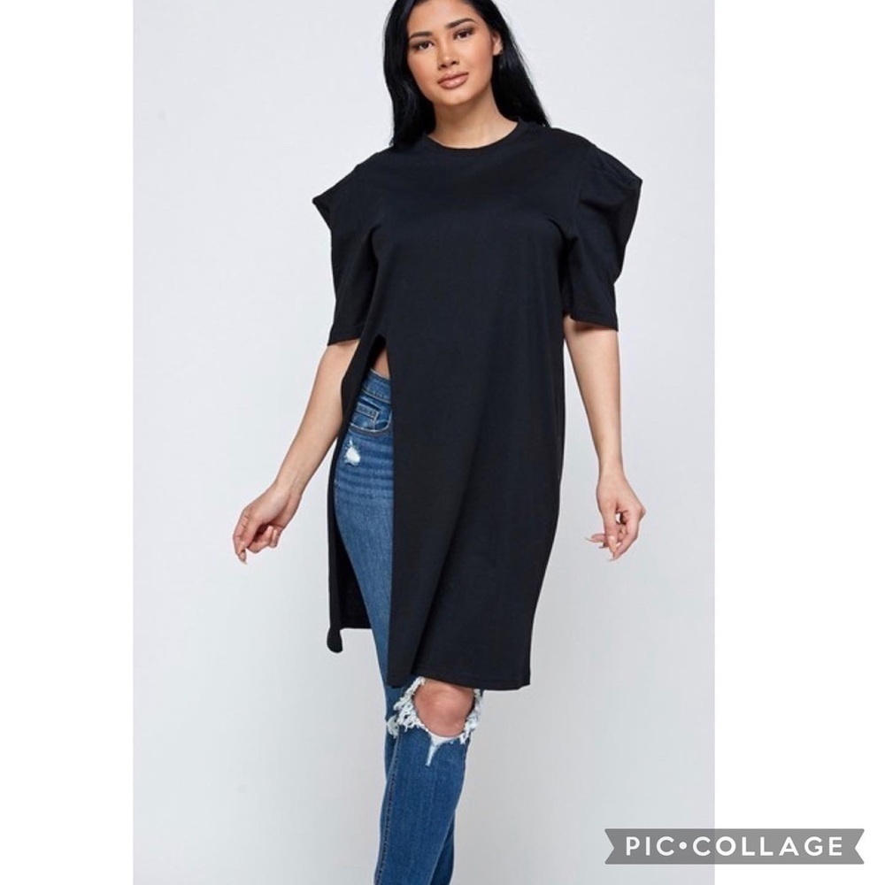 Black Long T-Shirt w/Puffy Shoulderd - Picture 3 of 5
